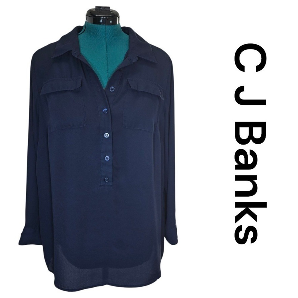 CJ Banks Navy Blue Long Sleeve Button Down Utility Shirt Women's Size X‎